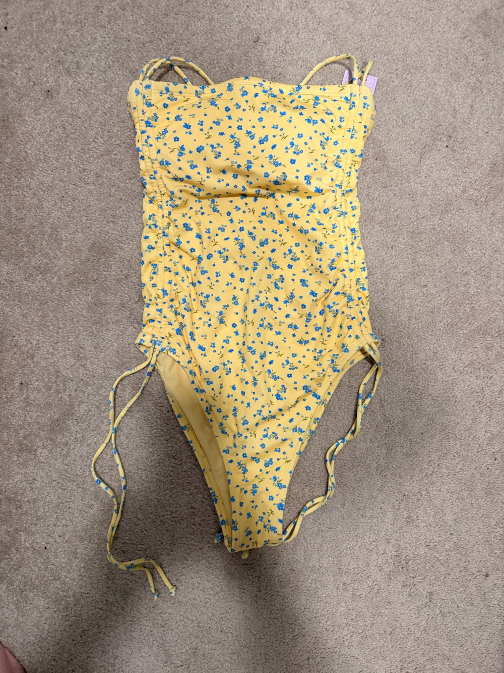 Women’s XS (0-2) yellow swimsuit with blue floral pattern - Picture 3 of 3